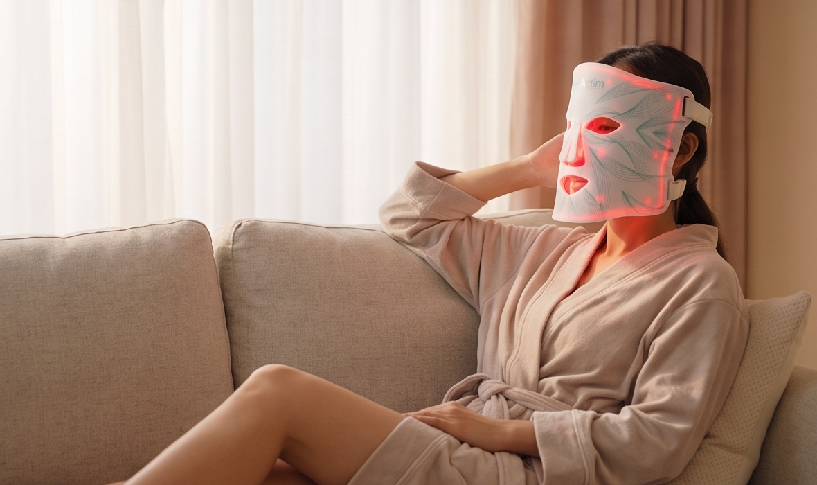 Mujer usando la mascarilla LED en el sofá, ambiente spa